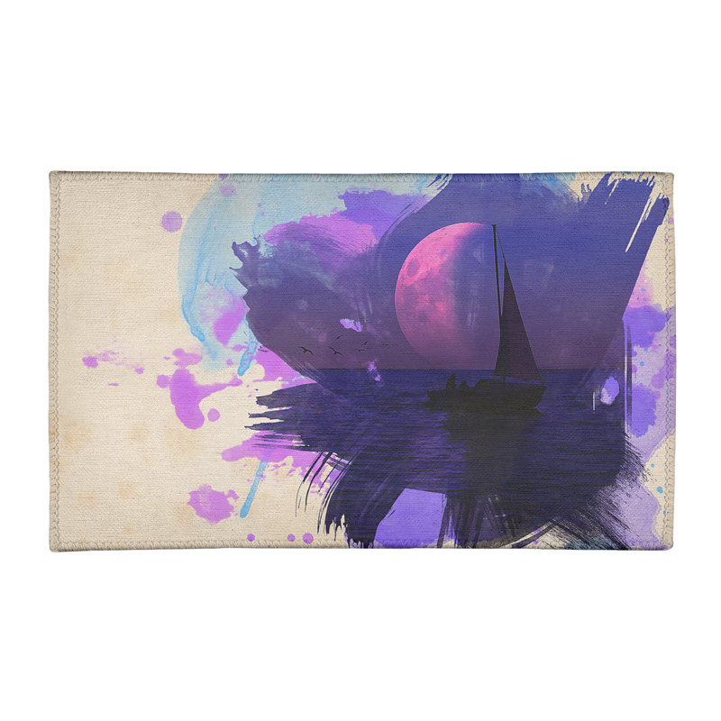 Tapis crème/bleu en chenille lune et voilier, Rectangle 3 pi x 5 pi