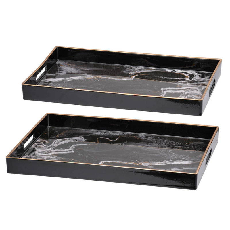 S/2 Effra Rectangular Trays,Black Marbled