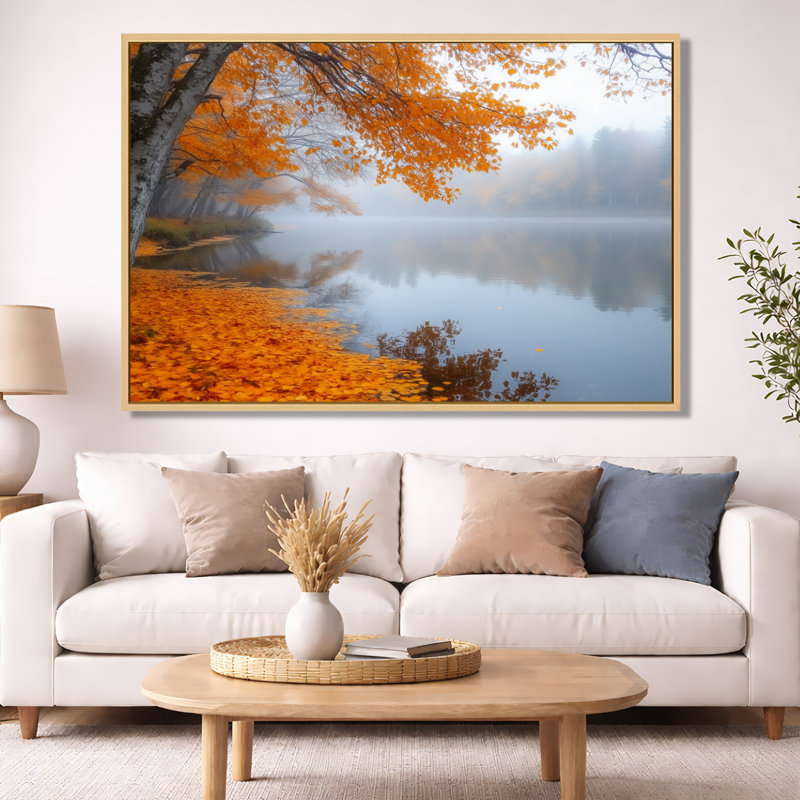 Art automnal sur rivière, toile Misty Forest, berge brumeuse, H 40 po x l 60 po, Cadre naturel flottant