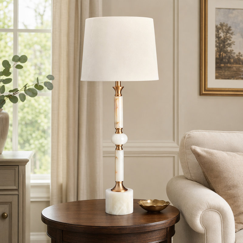 34.75" Marble Table Lamp With Oat Shade
