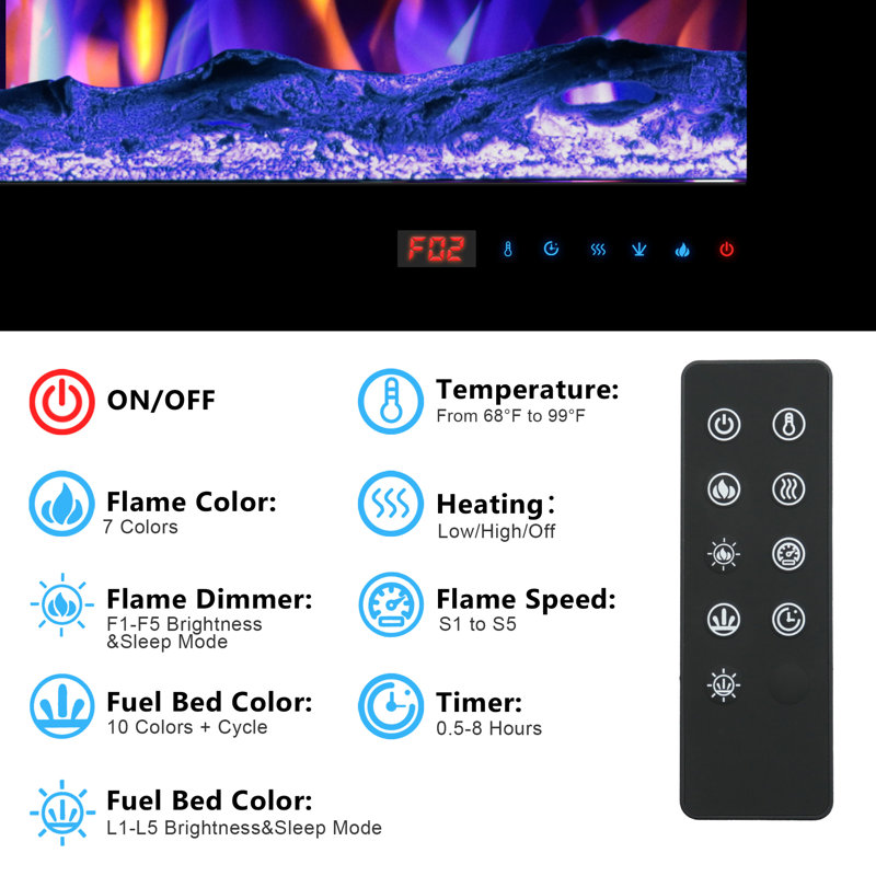 Recessed Electric Fireplace, Wall Mounted Fireplace Heater With Mixed Flame Colors, 5 Brightness & Speed Adjustment, 1-8H Timer, Thermostat, Black