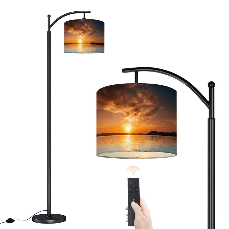 Lampe sur pied à arc avec abat-jour réglable Sunset Water Lake Sea Cloud Sunlight Island Lampadaire 3 températures de couleur à intensité variable avec poteau pour la chambre à coucher