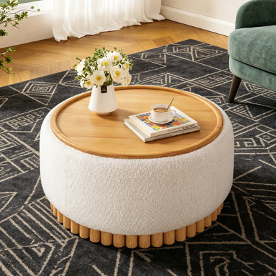 Repose-pieds de rangement rond de 29 po avec pieds en bois massif, table basse moderne avec couvercle réversible, structure en bois, repose-pieds en tissu Boucle pour le salon, aucun assemblage requis