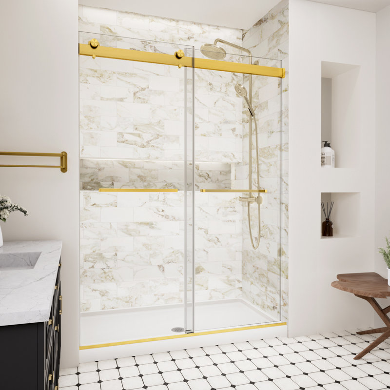 Porte de douche sans cadre l 44 à 48 po x H 74 po avec verre trempé anti-déflagrant de 5/16 po (8 mm), porte de douche coulissante avec anticollision à fermeture en douceur, or brossé