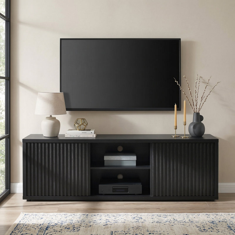Abdel 67.7" W Mid Century Modern TV Stand with Storage and Shelves to fit up to 75" TVs, Black Oak