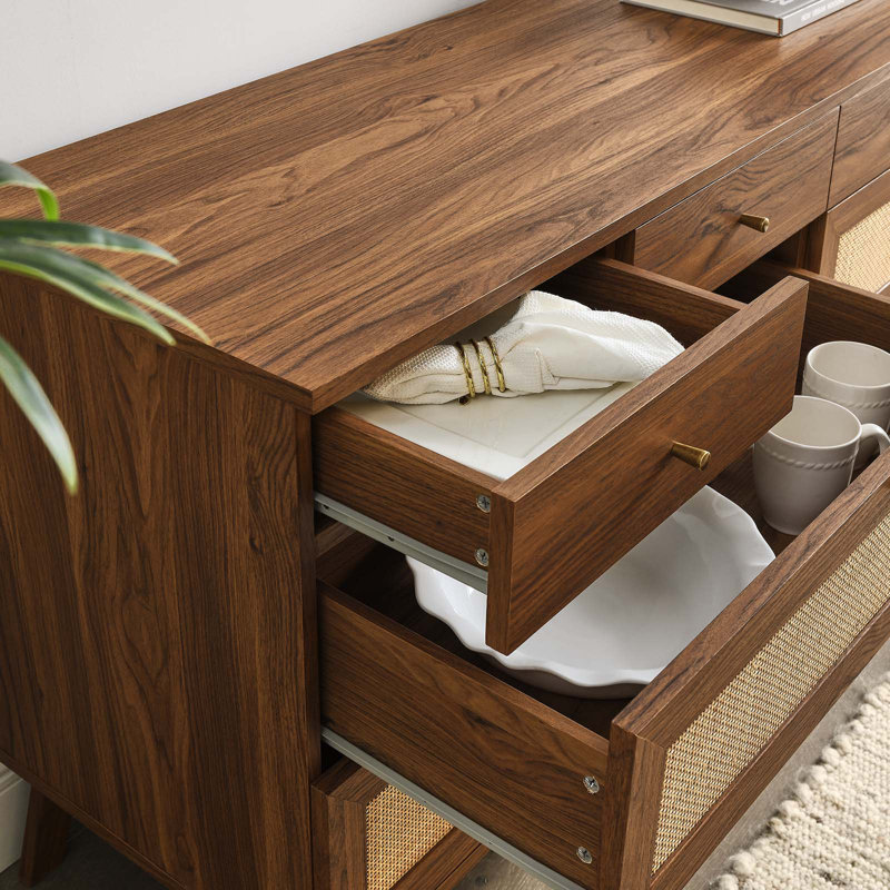 Walnut Double 8-Drawer Dresser with Rattan Weave