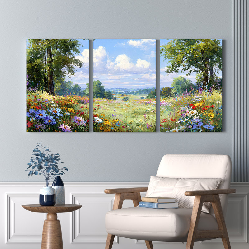 Tableau sur toile tendue « Prairie de fleurs sauvages » (Ensemble de 3), H 30 po x l 60 po