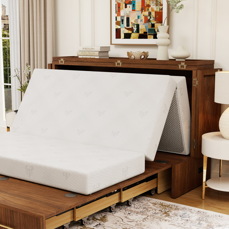 Grand lit escamotable moderne avec tiroirs de rangement et chargeur, bois massif, matelas inclus, assemblage facile en 60 minutes