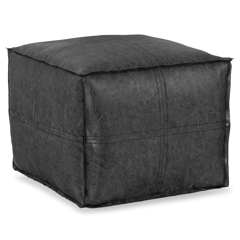 Brody 18" Wide Faux Leather Square Pouf Ottoman, Distressed Black