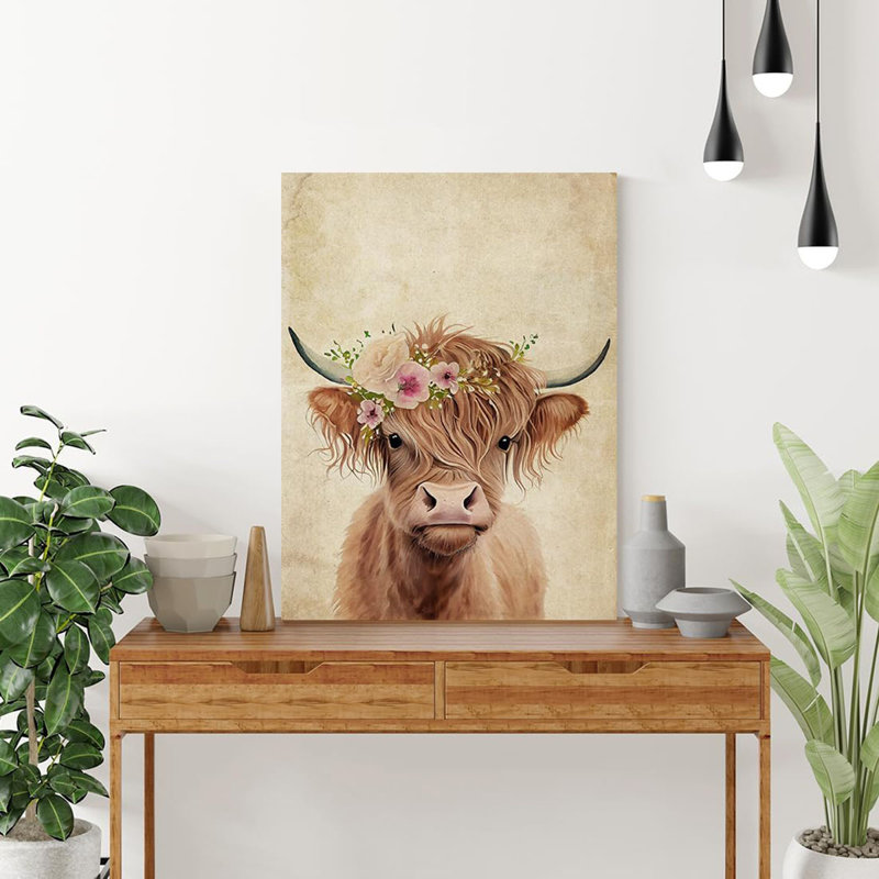 Highland Cow Canvas Wall Decor Funny Cow With Pink Flowers Wall Art Print Retro Animal Framed Artwork For Living Room Bedroom Children's Room Home Decoration Ready To Hang 12X16 Inch