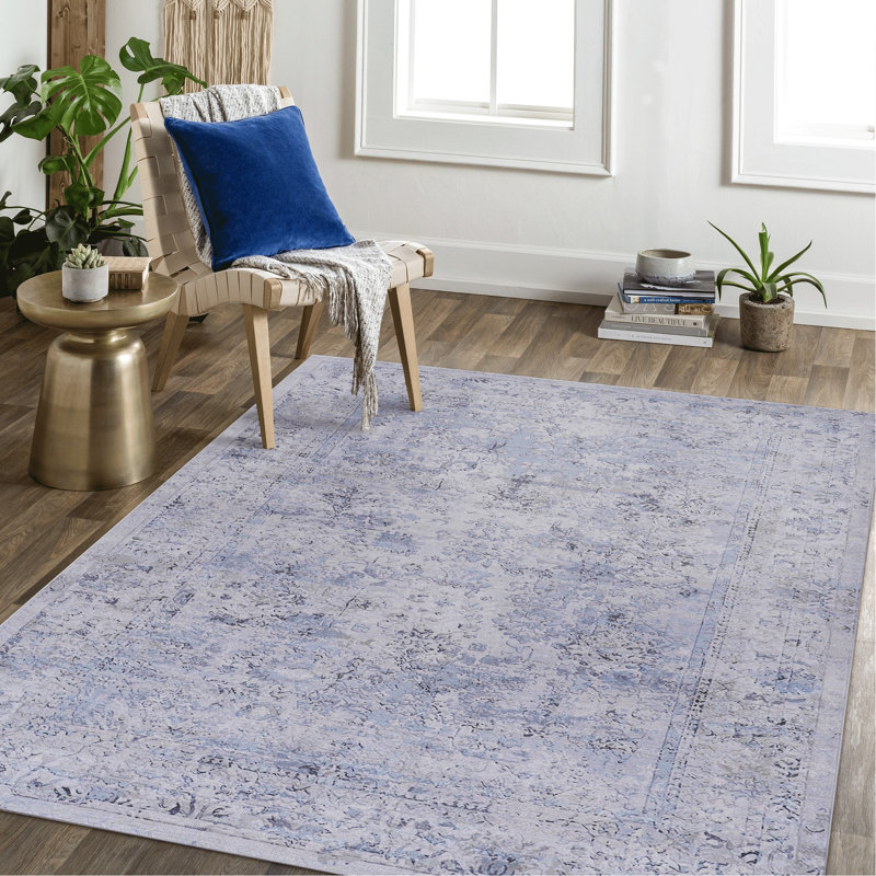 Area Rug 3' X 5', Machine Washable, Low-Pile, & Pet For Bedroom - Blue+Cream Washable 3X5, Non-Slip, Bedroom, Living Room, Kitchen, Dining Room