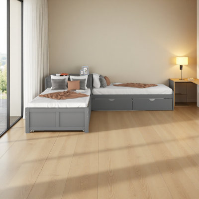 L-Shaped Platform Bed With Trundle And Drawers Linked With Built-In Desk,Twin