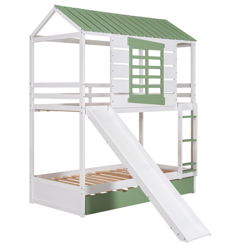 Lit superposé simple au-dessus de simple avec glissière convertible et lit gigogne, blanc et vert