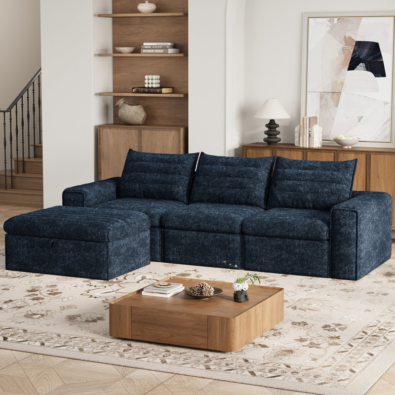 106.7" Modular Sectional Sofa with Deep Seat, Upholstery L Shaped Cloud Couch for Living Room, 3-Seater Modern Compression Boneless Sofa with Movable Ottomans, Removable Cover, No Assembly Required, Aqua Blue