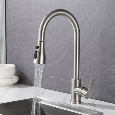 Modern 16.34" Single Handle Stainless Steel Pull Down Sprayer Kitchen Faucet with 3 Flow Modes