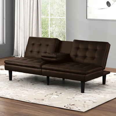 Futon brun de style contemporain, siège et dossier en biscuit, convertible en lit avec abattants, lit, chargeurs pour la commodité de l'utilisateur