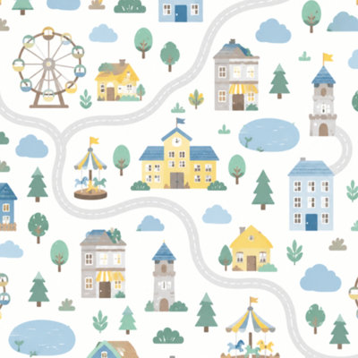 Peel and Stick Wallpaper Childrens map road cartoon Wall Mural 17.7"W x 118"H Self Adhesive Removable Wall Paper Renter Friendly Wallpaper for Nursery Bedroom Cabinets
