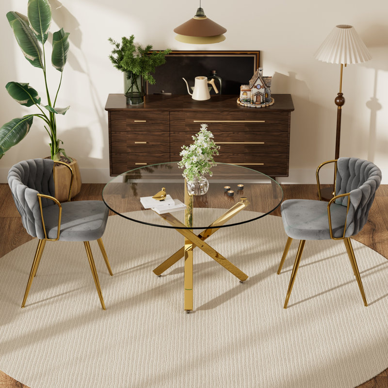 Ensemble repas rond, 3 pièces: table, 2 chaises, Gris, Doré
