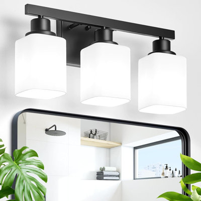 Luminaire de salle de bain 3 lumières, luminaires de salle de bain noir mat moderne avec verre carré givré, appliques murales au-dessus des toilettes à miroir, couloir du salon