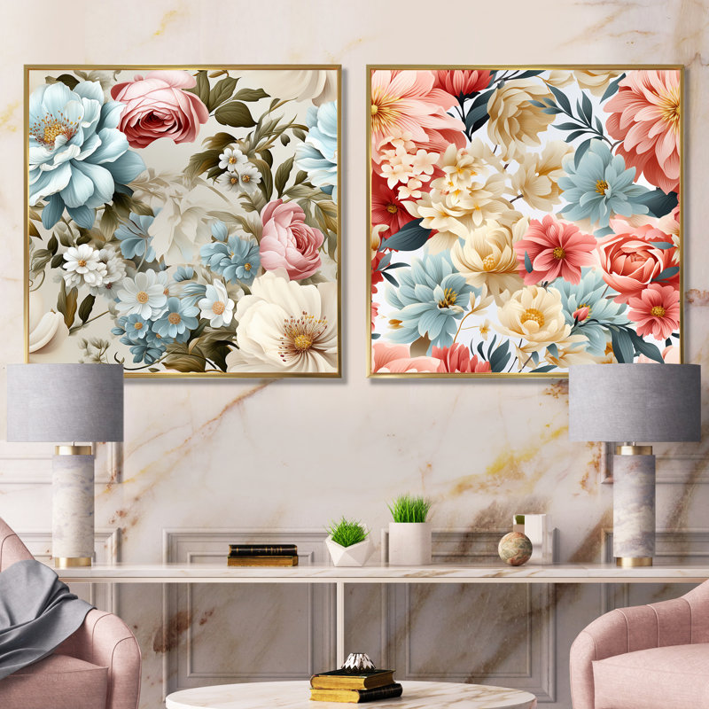 Clarisse - ensemble de 2 impressions sur toile florales, Encadrement doré, H 16 po x l 33 po x P 1 po