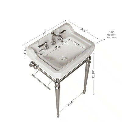 Lavabo de console de salle de bain 23 po Vici, lavabo mural en céramique blanche avec 3 trous de robinet pré-percés, pieds de support autoportants en acier inoxydable avec barre à serviettes, sans robinet ni couvercle de lavabo