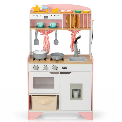 Présentoir de cuisine et de jeu en bois 2-en-1 à double face, ensemble de jeu d'imitation orange avec plus de 30 accessoires, machine à glaçons et robinet flexible, cuisine pour enfants de 3 à 8 ans