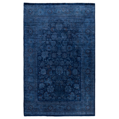 Tapis unique noué à la main Rachal - bleu, 4 pi 1 po x 6 pi 2 po
