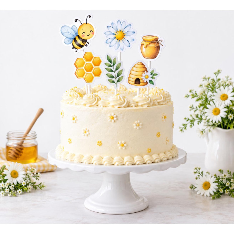 Honey Bee Garden Cake Decorations, Yellow Blue Bumblebee Daisy Baby Shower Toppers, Cardstock Picks