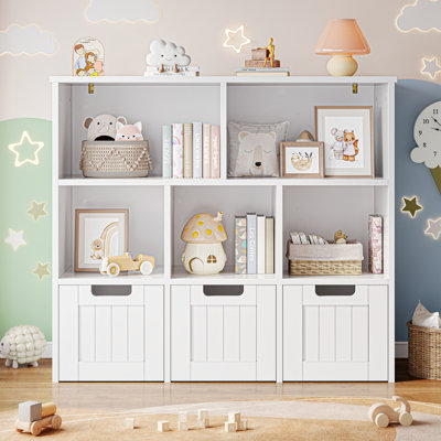 Bibliothèque avec 3 tiroirs mobiles, unité de rangement de cubes pour bureau personnel, organisateur de rangement de jouets avec 5 casiers ouverts, coffre de rangement multifonctionnel au sol, blanc