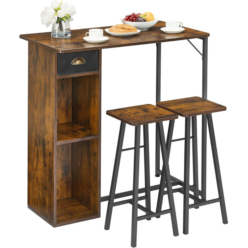 3 Piece Bar Table Set, with 2-Layer Storage Shelf, Brown