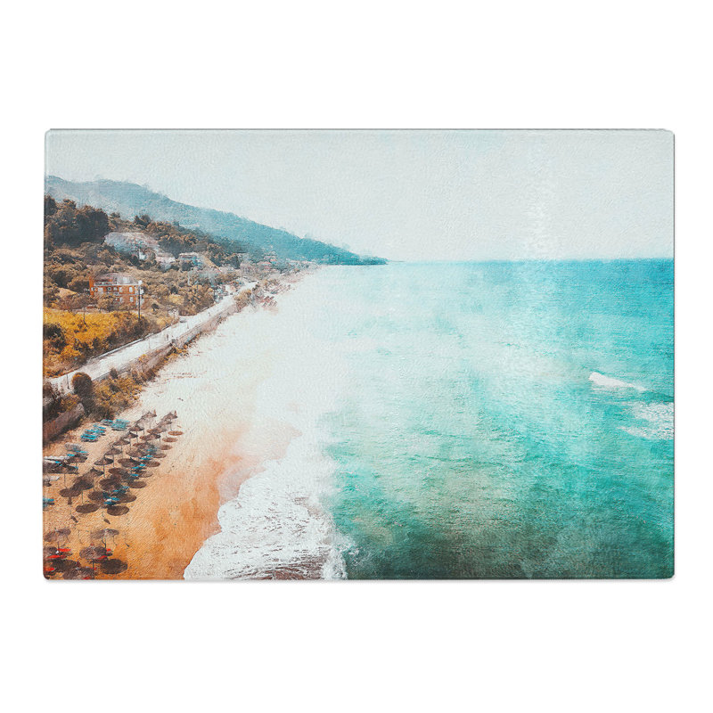 Tempered Glass Beach and Seascape in Greece Painting Chopping Board, 28.5 cm x 39 cm
