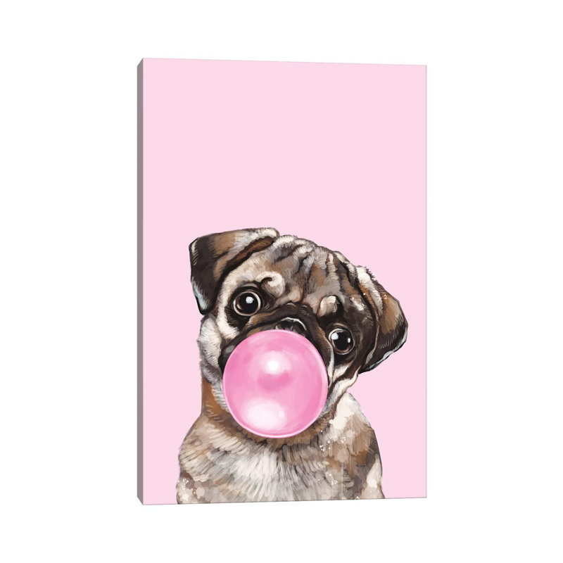 «Pug Blowing Bubble Gum in Pink» par Big Nose Work, impression, H 40 po x l 26 po x P 1,5 po, Toile tendue