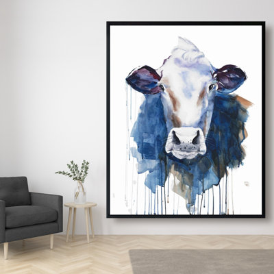 Vache aquarelle - Toile encadrée bleue classique pour la décoration intérieure
