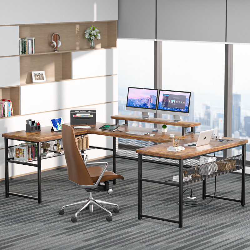 Manasa 83" U-Shape Computer Desk with LED Light Strip and Sockets, Brown/Black