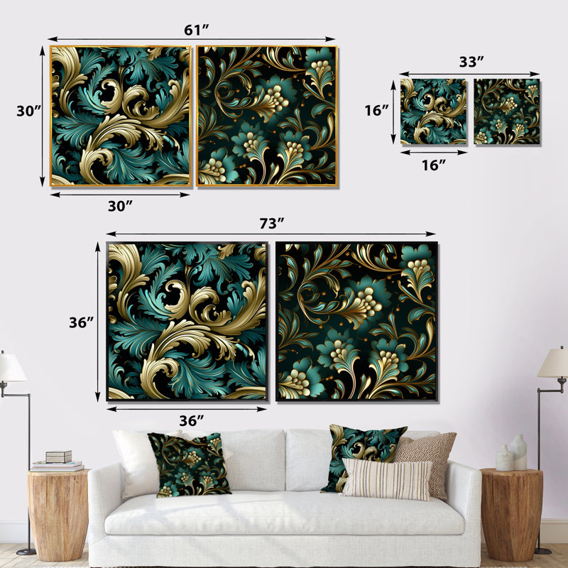 Motif damassé de luxe doré et vert - ensemble de 2 toiles abstraites botaniques, Encadrement brun