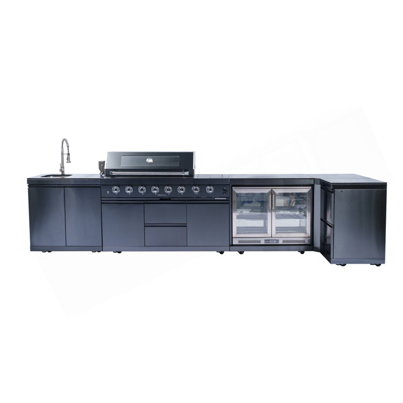 62-Inch 6-Burner 96000 BTU Deluxe Stainless Steel Gas Outdoor Kitchen Bar Barbecue Island Grill + Wine Cooler Compact Refrigerator + Rotisserie + Granite Countertops + Storage Cabinets & Drawers