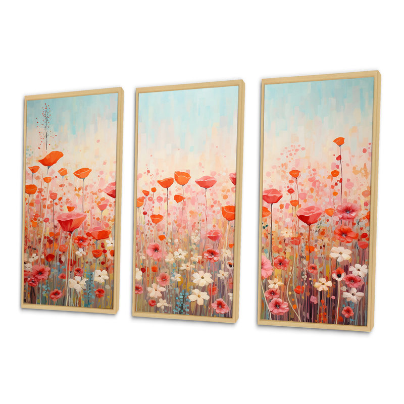 «Vibrant Floral Oasis Field II», ensemble d'art mural sur toile fleurie, Cadre naturel flottant, H 40 po x l 60 po x P 1 po
