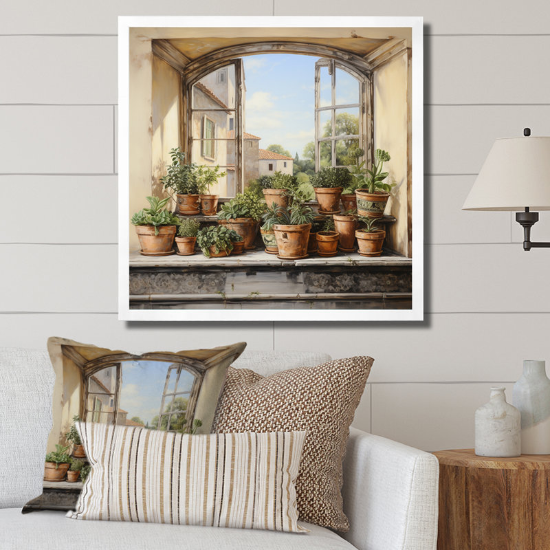 «Italian Poteries Window Charm», art mural fenêtres de ferme, H 36 po x l 36 po x P 1,5 po, Cadre simple blanc