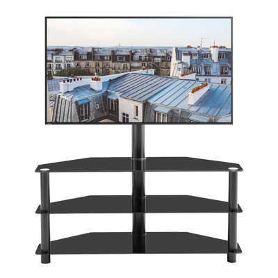 Meuble télé noir multifonctionnel avec support pivotant réglable en hauteur et tablettes en verre trempé à 3 niveaux