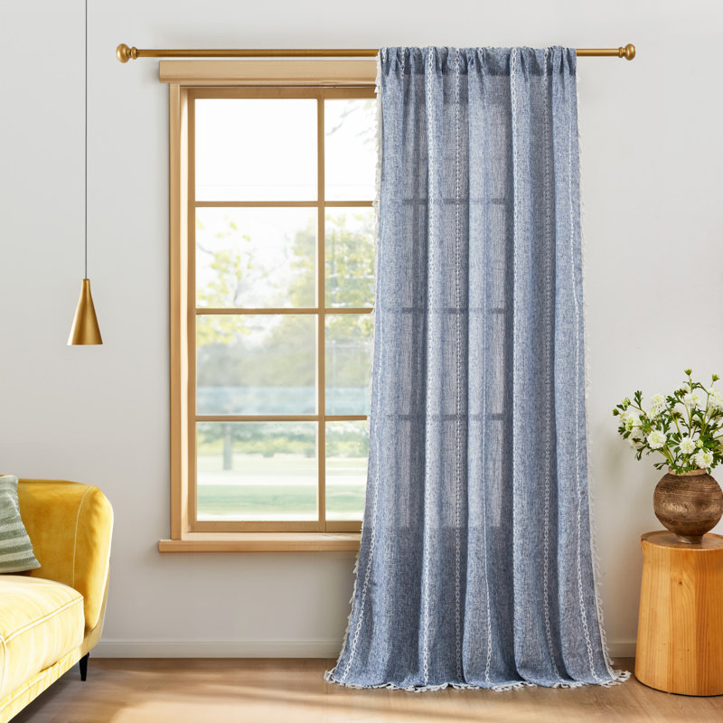 Semi Sheer Rod Pocket Curtain Panel with Tassel Fringe – Faux Linen Textured, Light Filtering, 1 Panel, 52" W x 84" L, Blue