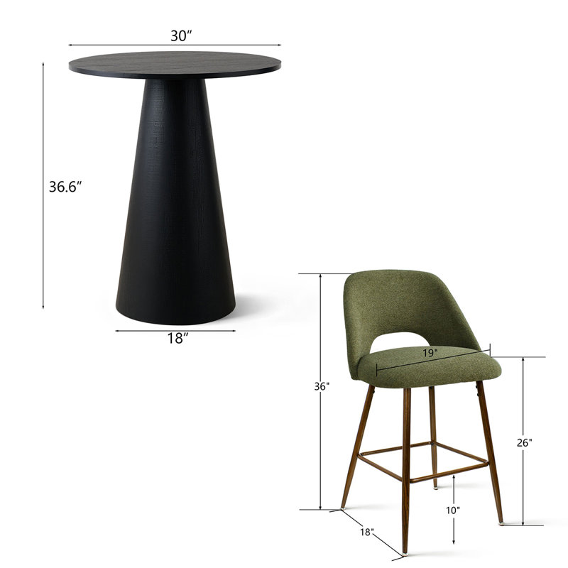 4-Piece Counter Height Bar Table Set With Upholstered Stools, Round Pedestal Kitchen Dining Set For 3, Green
