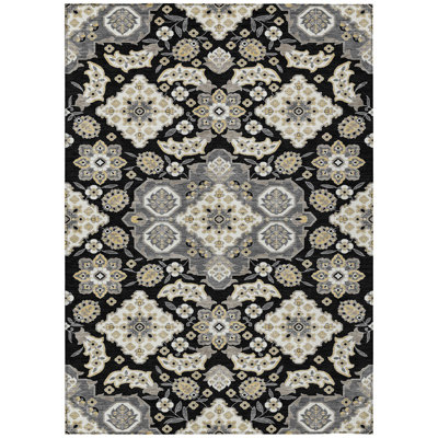 Machine Washable Indoor/Outdoor Xhevrie Black Rug
