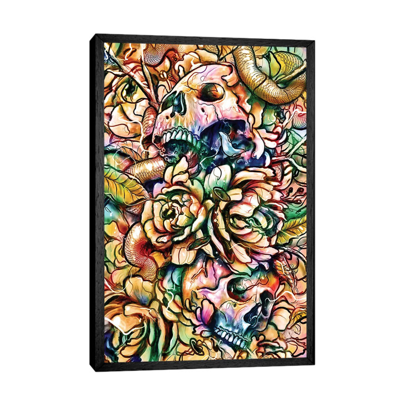 Skulls and Flowers 1 Piece Wall Art on Canvas, 66.04cm H x 45.72cm W x 3.81cm D, Black Framed