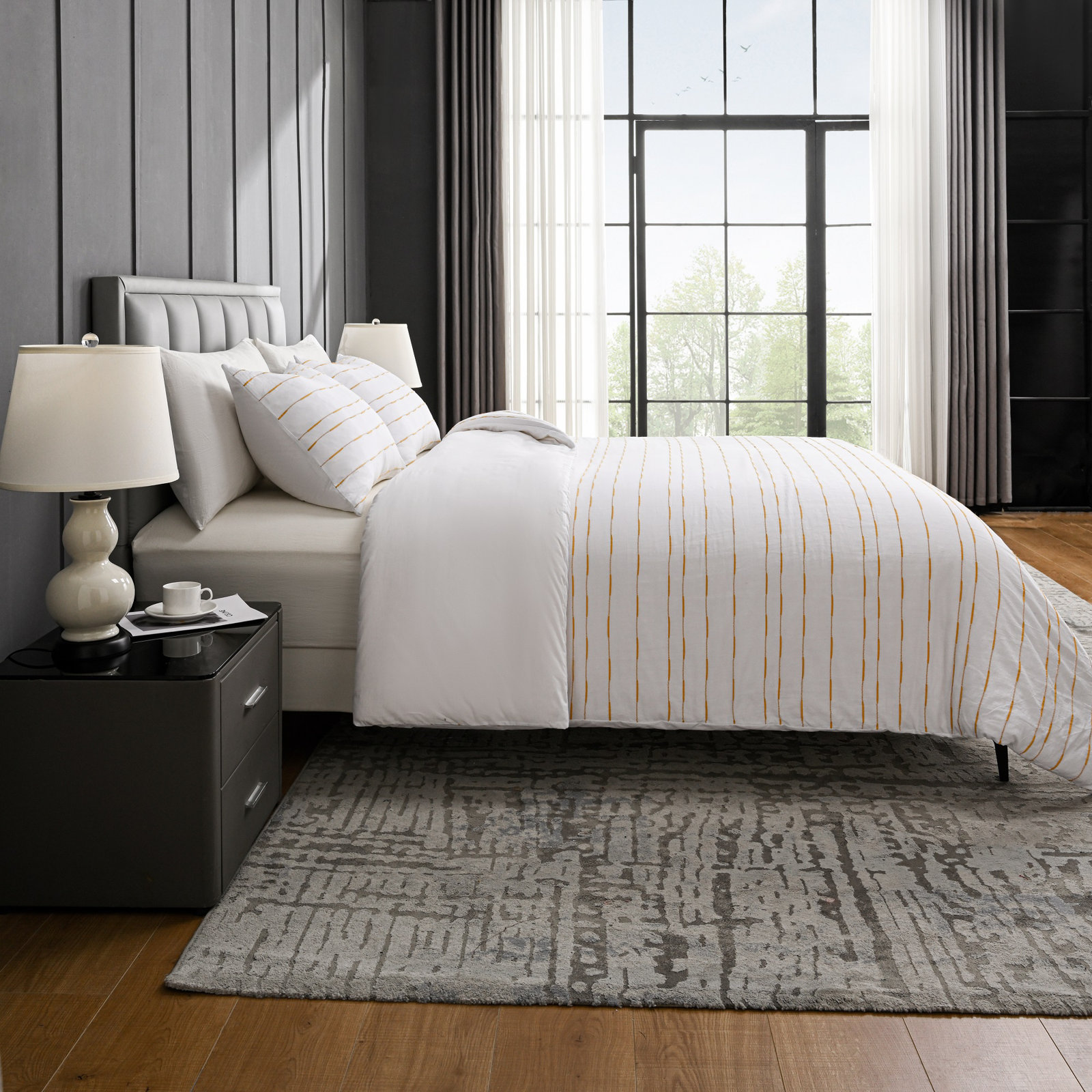 Zari Cotton Percale Duvet Cover Set, Queen Duvet Cover + 2 Standard Shams, White/Yellow