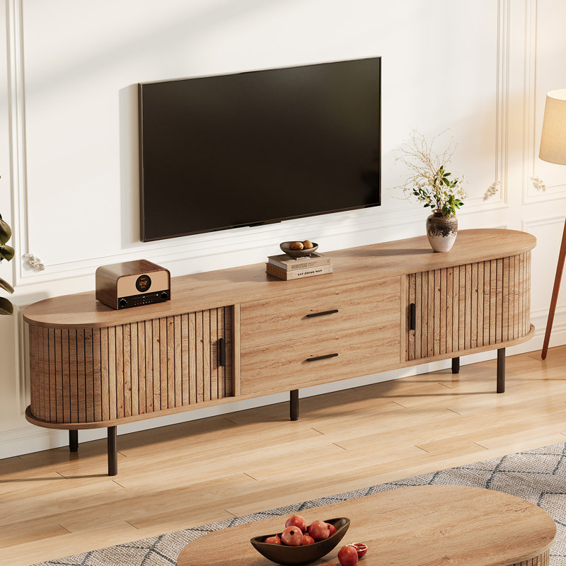Meuble télé 70 po Mid-Century avec rangement et porte tambour, Oak Brown