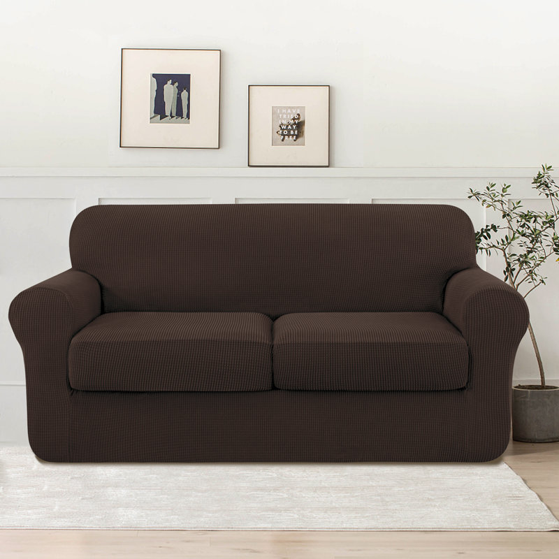 Textured Soft Stretch Separate Box Cushion Loveseat Slipcover, Chocolate