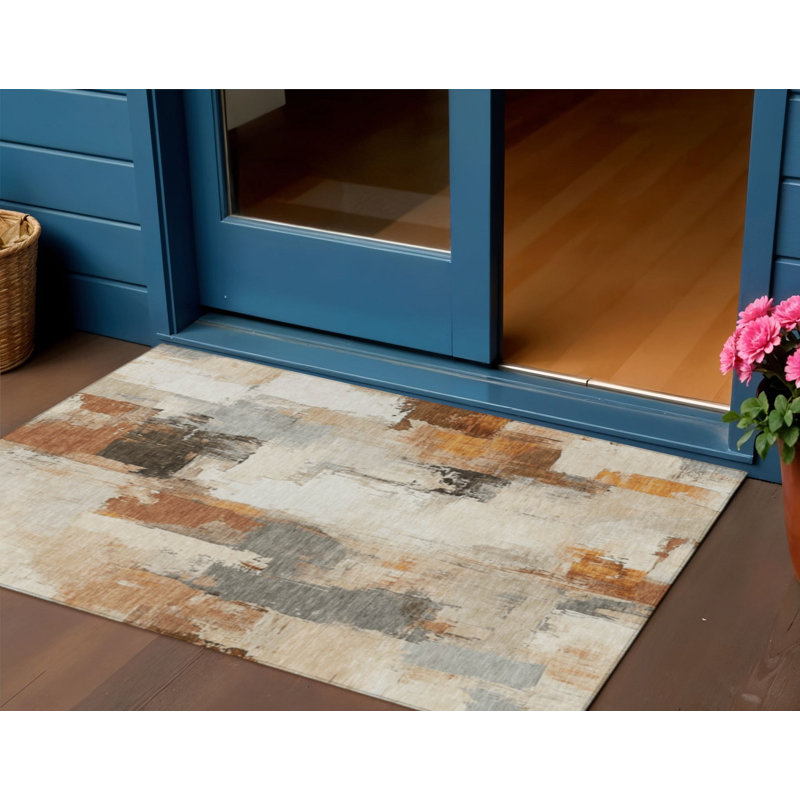 Tapis extérieur lavable abstrait ivoire et rouille 3 pi x 5 pi