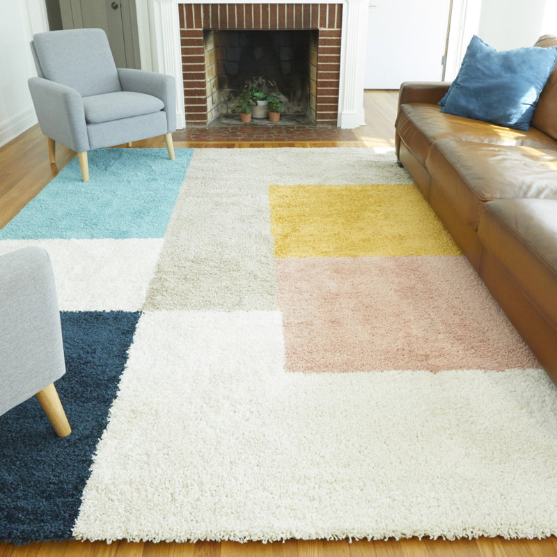 Tapis géométrique beige / jaune / bleu / rose, Rectangle 7 pi 10 po x 10 pi