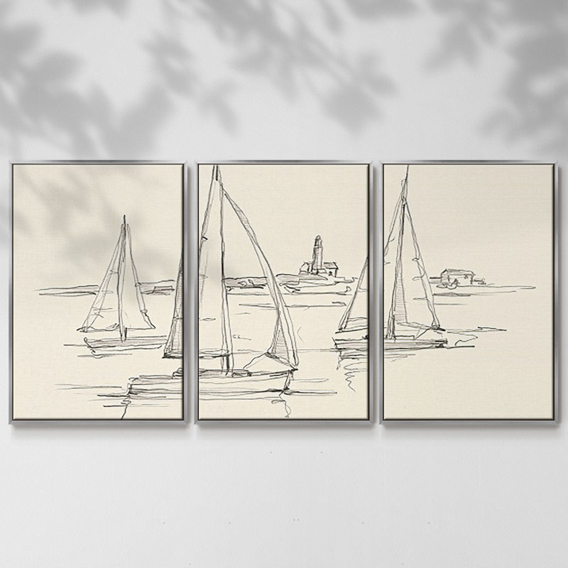 Coastal Contour S Croquis II, 3 pièces, H 40 po x l 78 po, Encadrement argenté