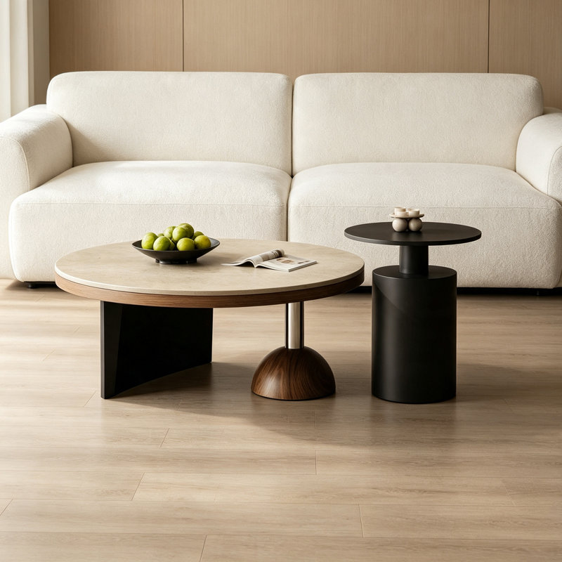 Table basse Minimalist, H 12,59 po x l 27,55 po x P 27,55 po, Sable / Noir, Marbre
